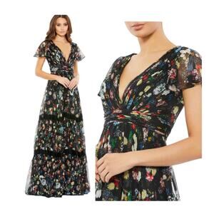 Mac Duggal Floral Chiffon 67934 Black Maxi Dress A Line Flutter Sleeve Gown 2